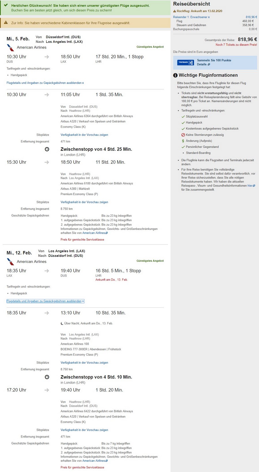 Preisbeispiel von Düsseldorf nach Los Angeles in der American Airlines Premium-Economy-Class auf Expedia