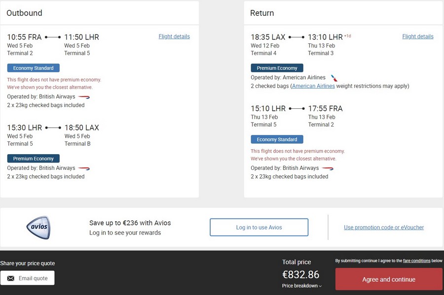 Preisbeispiel von Frankfurt nach Los Angeles in der British Airways Premium-Economy-Class 