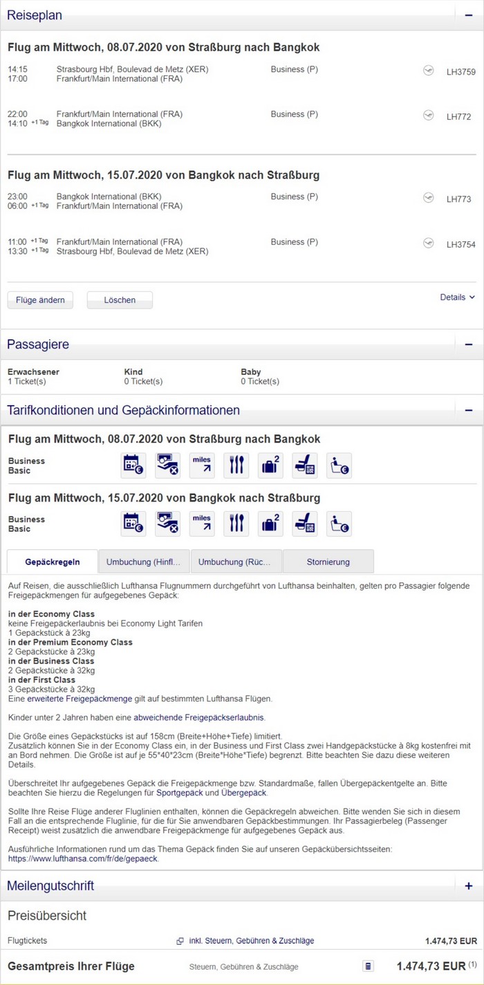 Preisbeispiel von Strasbourg nach Bangkok in der Lufthans Business-Class