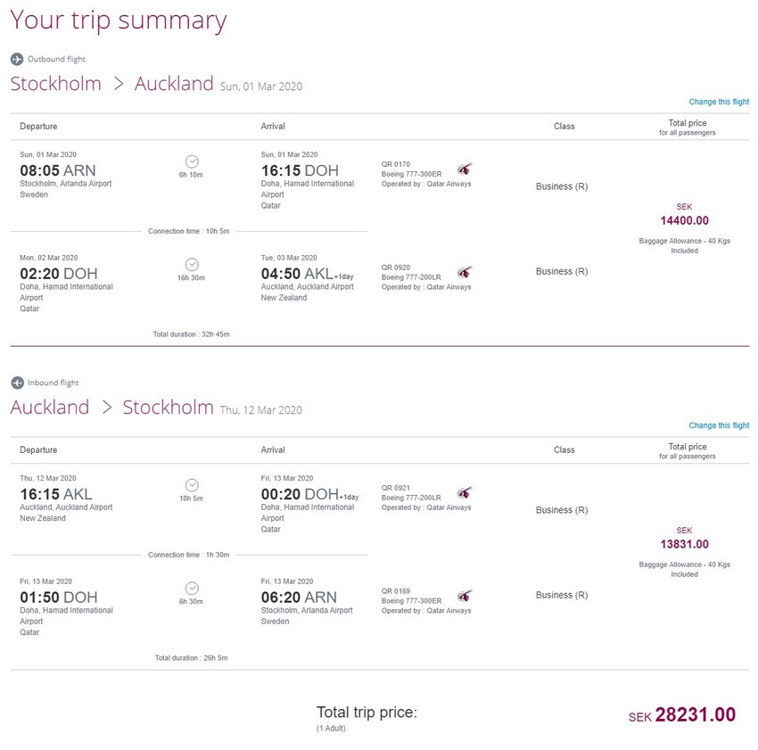 Preisbeispiel von Stockholm nach Auckland in der Qatar Airways Business-Class