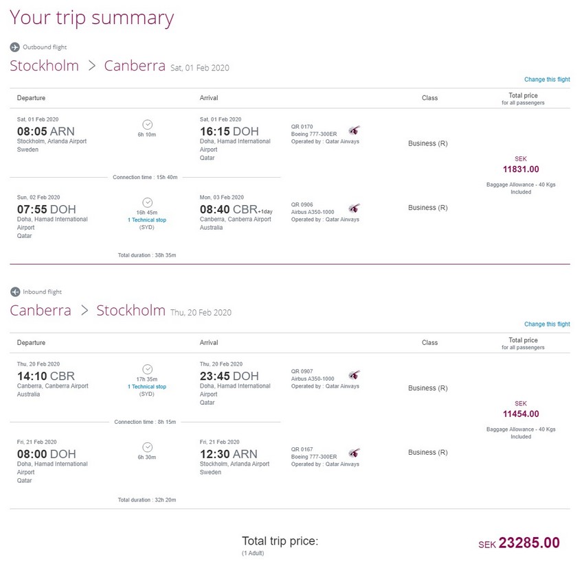 Preisbeispiel von Stockholm nach Canberra in der Qatar Airways Business-Class