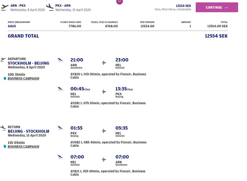 Preisbeispiel von Stockholm nach Peking in der Finnair Business-Class