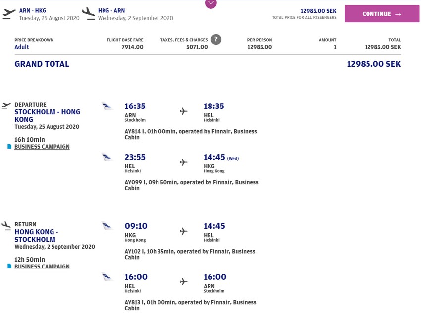 Preisbeispiel von Stockholm nach Hong Kong in der Finnair Business-Class