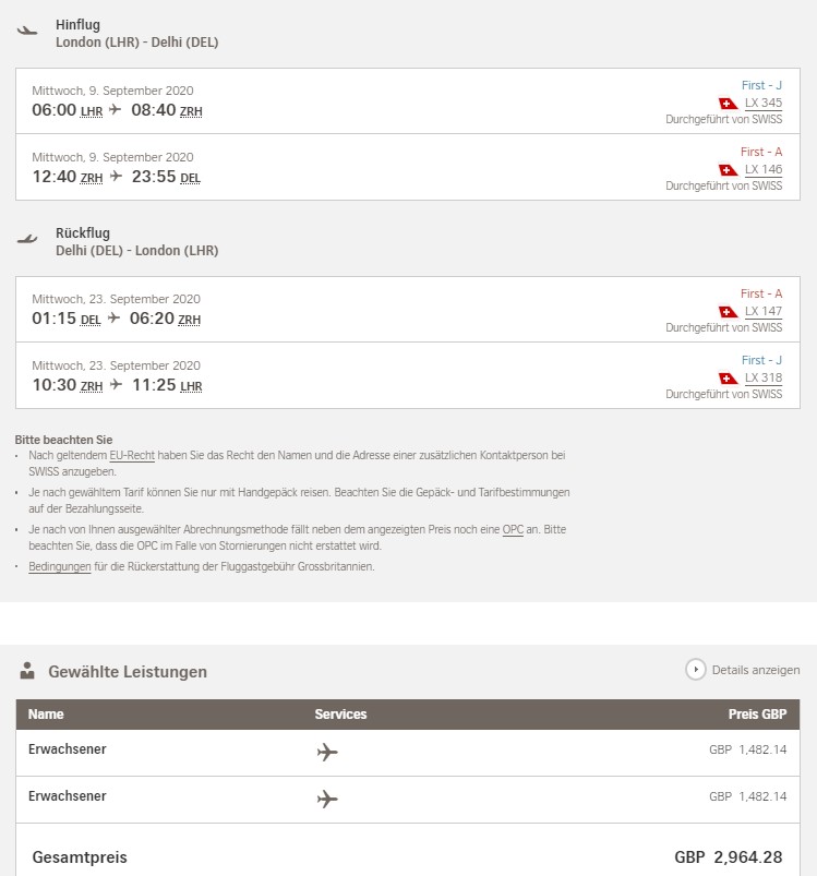 Preisbeispiel für Partnertarif von London nach Delhi in der Swiss First-Class