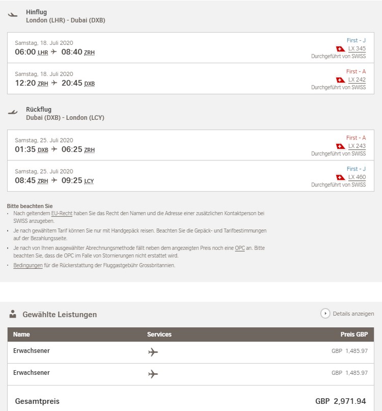 Preisbeispiel für Partnertarif von London nach Dubai in der Swiss First-Class