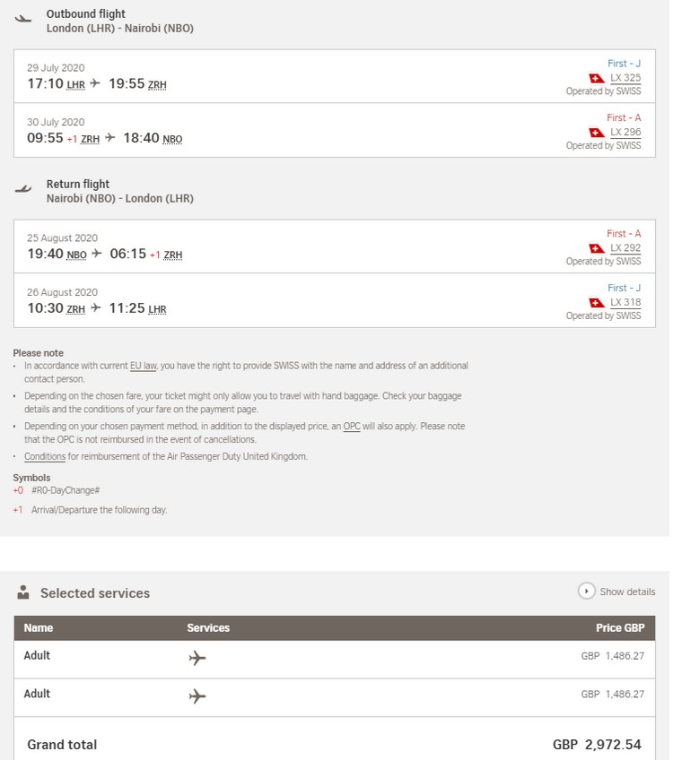 Preisbeispiel für Partnertarif von London nach Nairobi in der Swiss First-Class