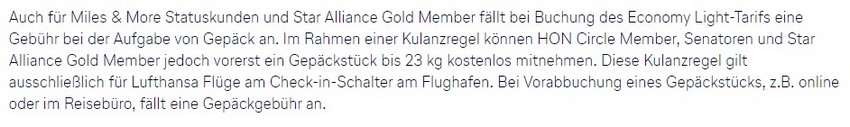 Sonderregelungen im Economy-Light Tarif für bestimmte Statuskunden