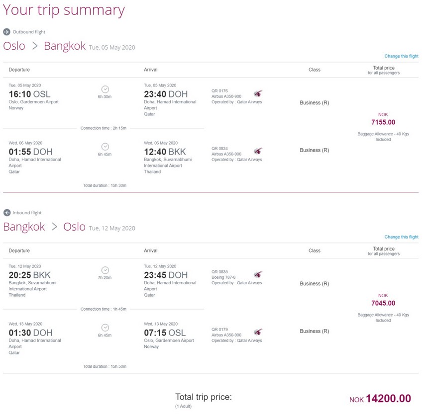 Preisbeispiel von Oslo nach Bangkok in der Qatar Airways Business-Class