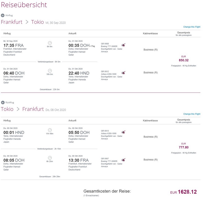Preisbeispiel von Frankfurt nach Tokyo in der Qatar Airways Business-Class
