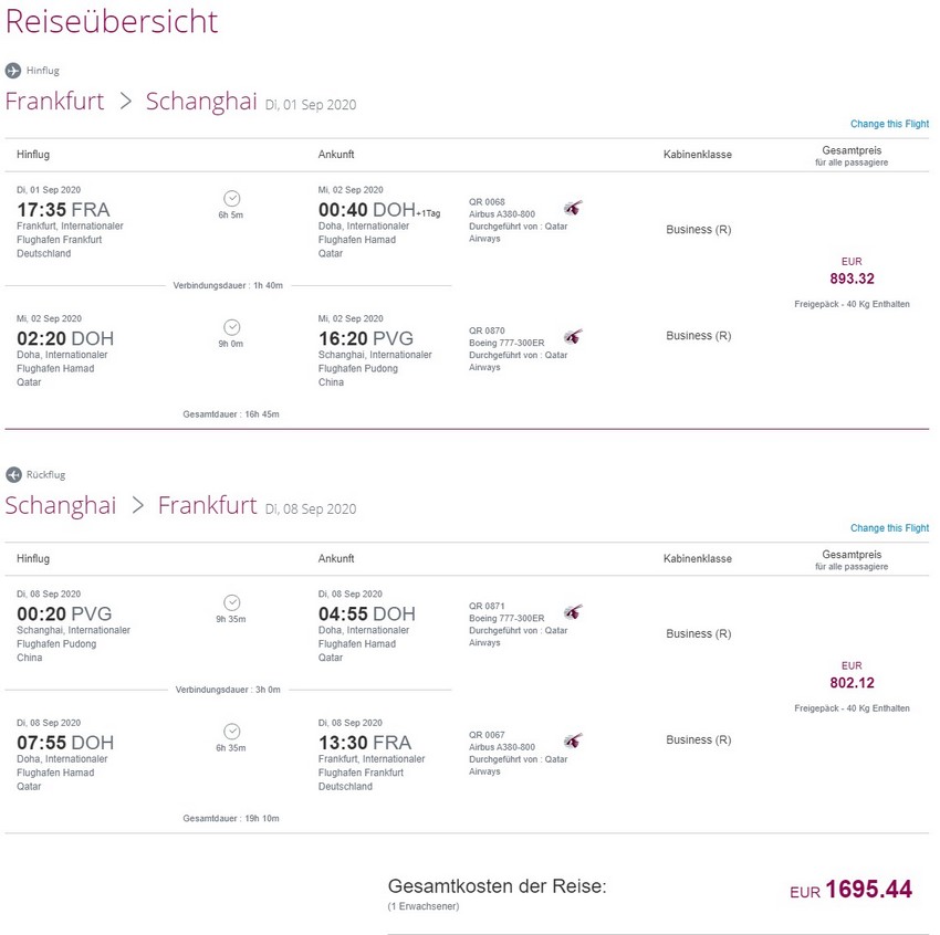 Preisbeispiel von Frankfurt nach Shanghai in der Qatar Airways Business-Class