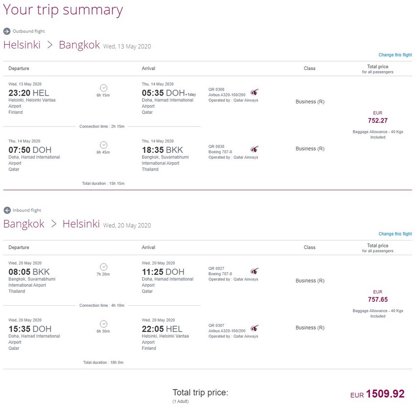Preisbeispiel von Helsinki nach Bangkok in der Qatar Airways Business-Class