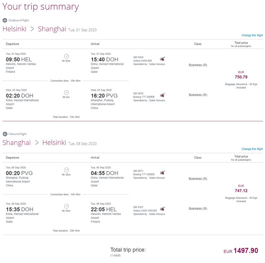Preisbeispiel von Helsinki nach Shanghai in der Qatar Airways Business-Class