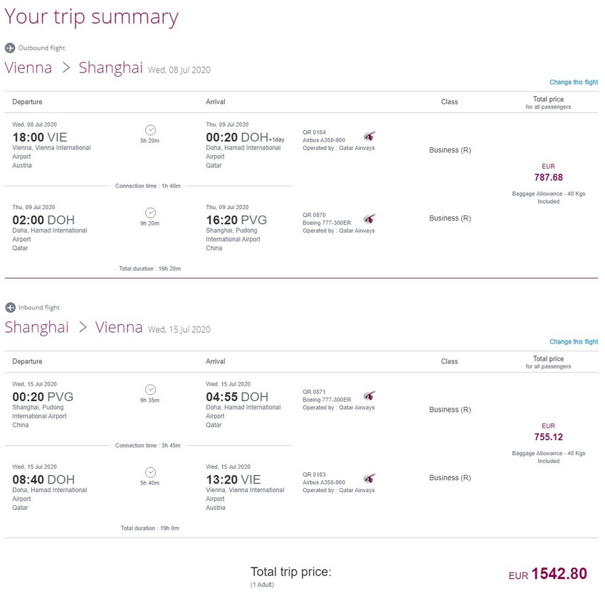 Preisbeispiel von Wien nach Shanghai in der Qatar Airways Business-Class