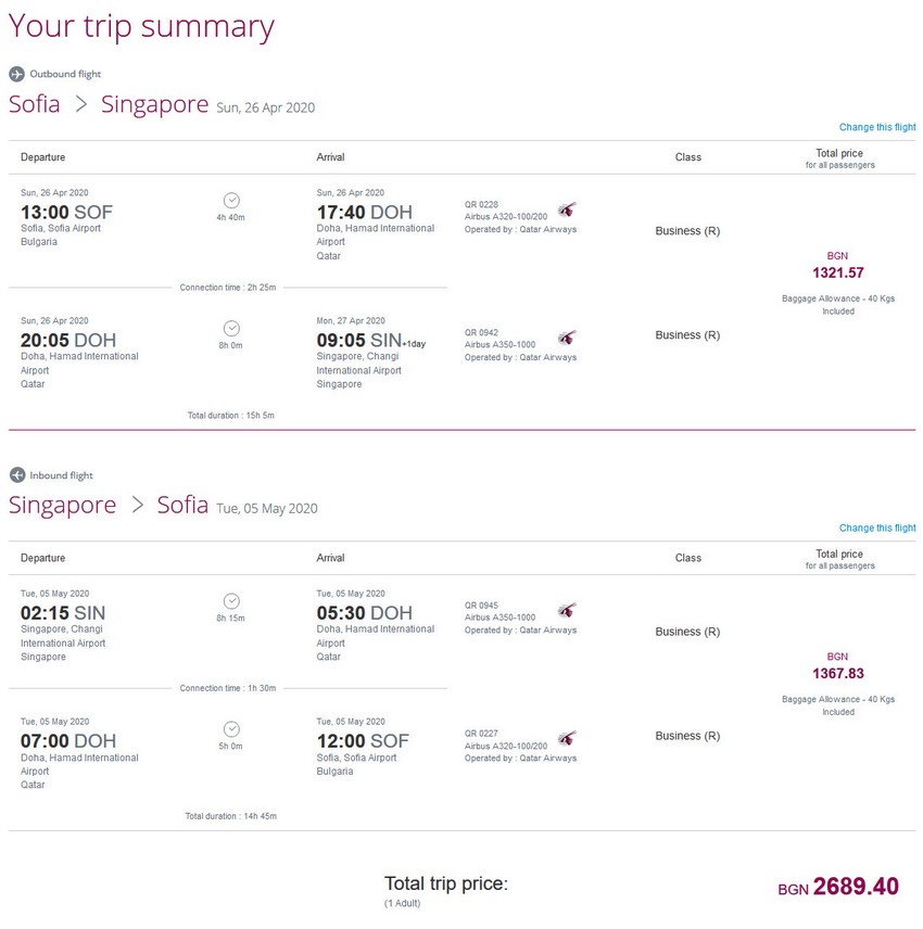 Preisbeispiel von Sofia nach Singapore in der Qatar Airways Business-Class