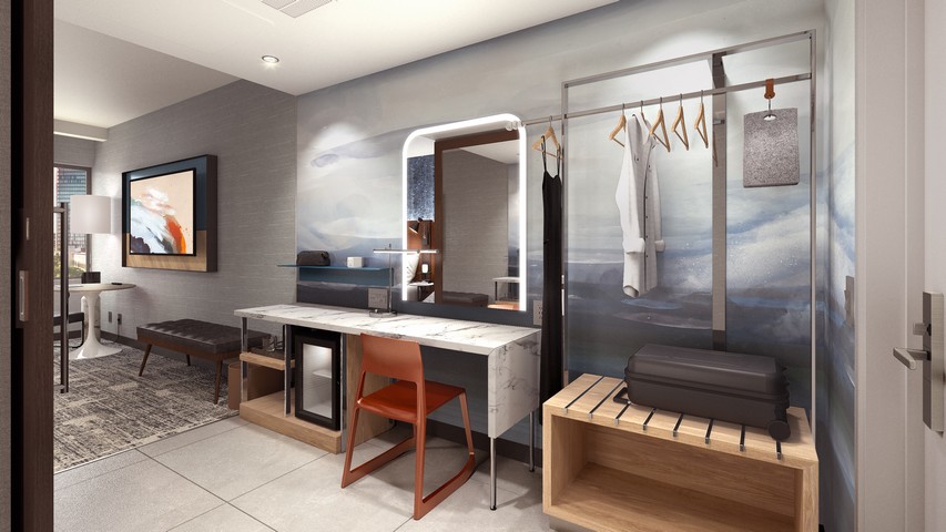 "Get Ready zone" in einem Zimmer eines Tempo by Hilton Hotel