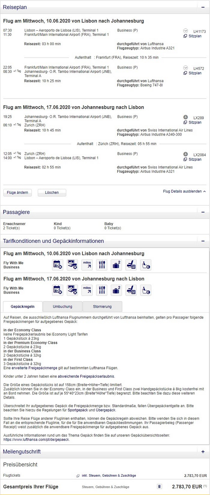 Preisbeispiel für Partnertarif von Lissabon nach Johannesburg in der Lufthansa Business-Class