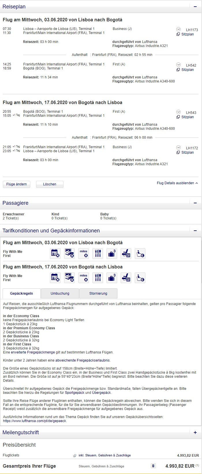 Preisbeispiel für Partnertarif von Lissabon nach Bogota in der Lufthansa First-Class