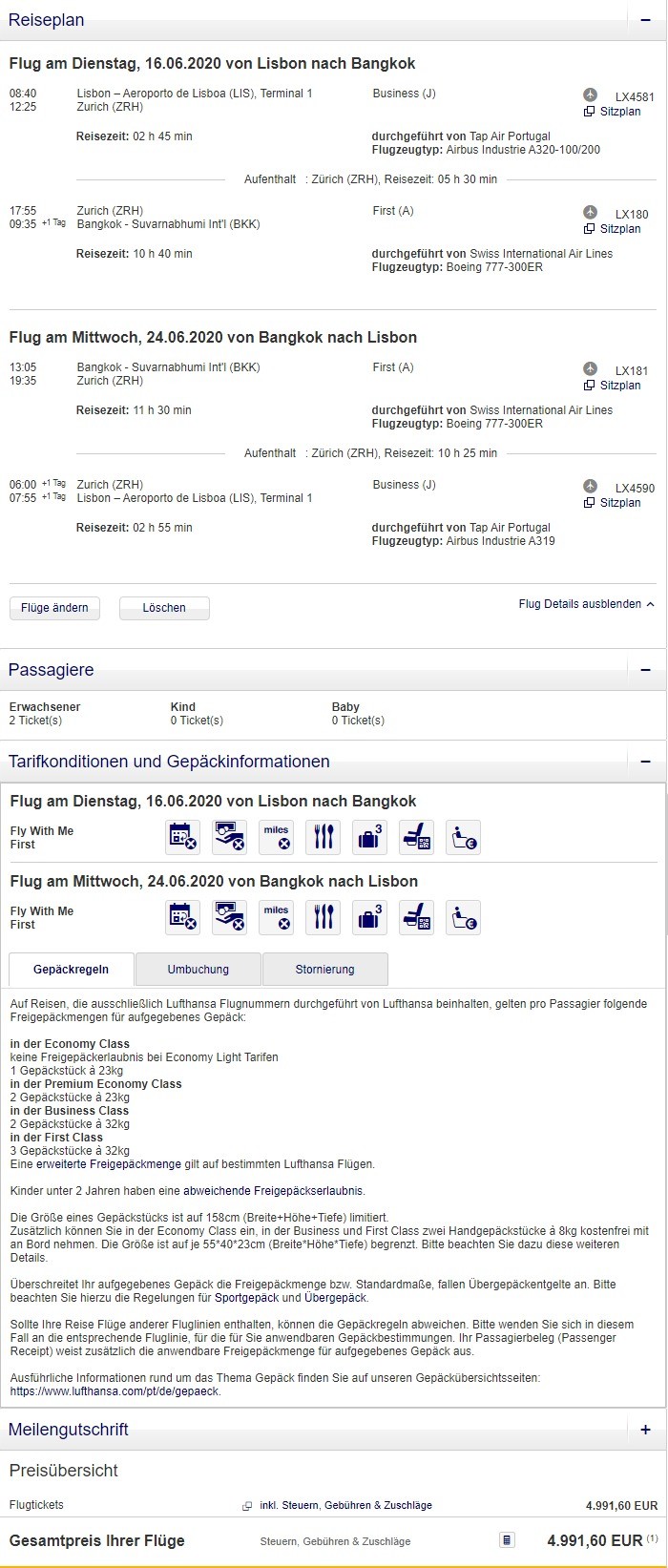 Preisbeispiel für Partnertarif von Lissabon nach Bangkok in der Swiss First-Class