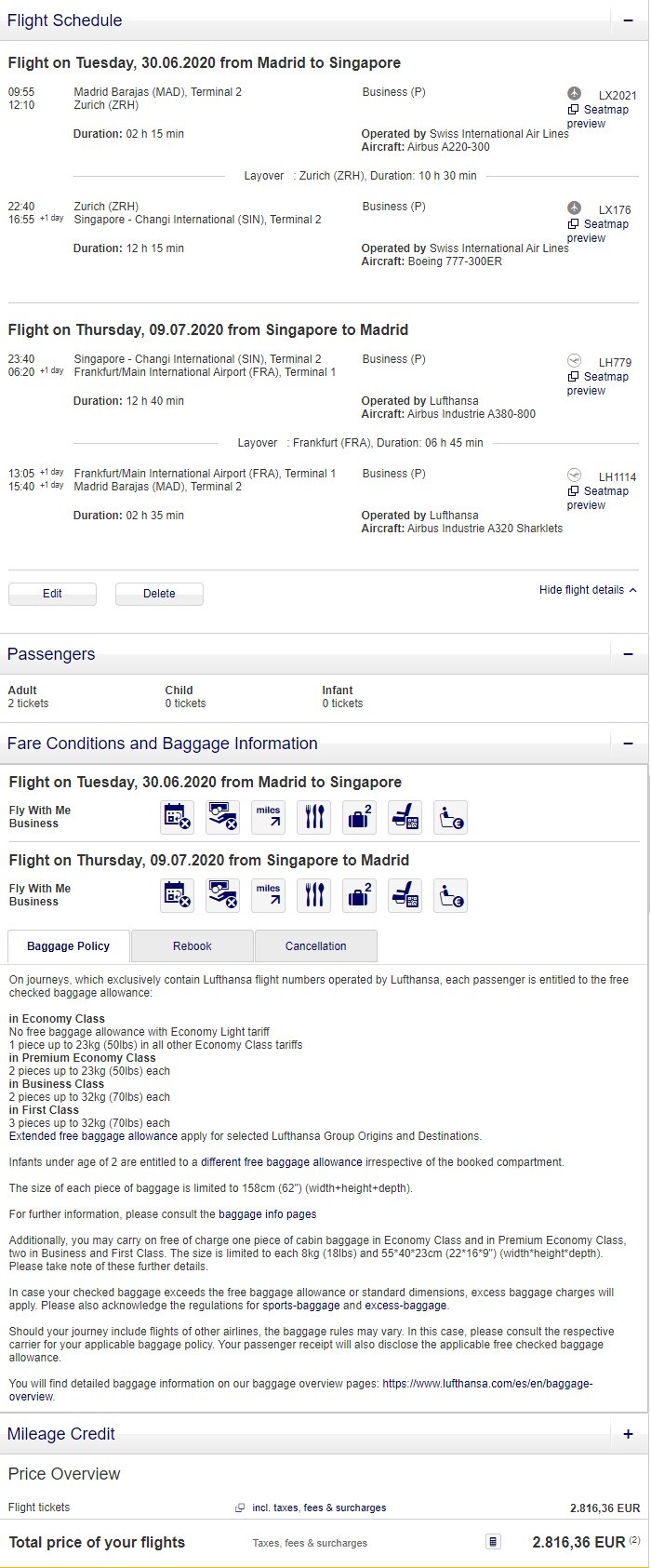 Preisbeispiel für Partnertarif von Madrid nach Singapore in der Lufthansa und Swiss Business-Class