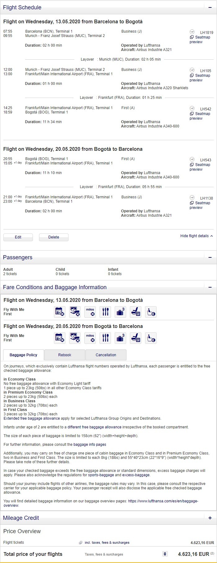 Preisbeispiel für Partnertarif von Barcelona nach Bogota in der Lufthansa First-Class