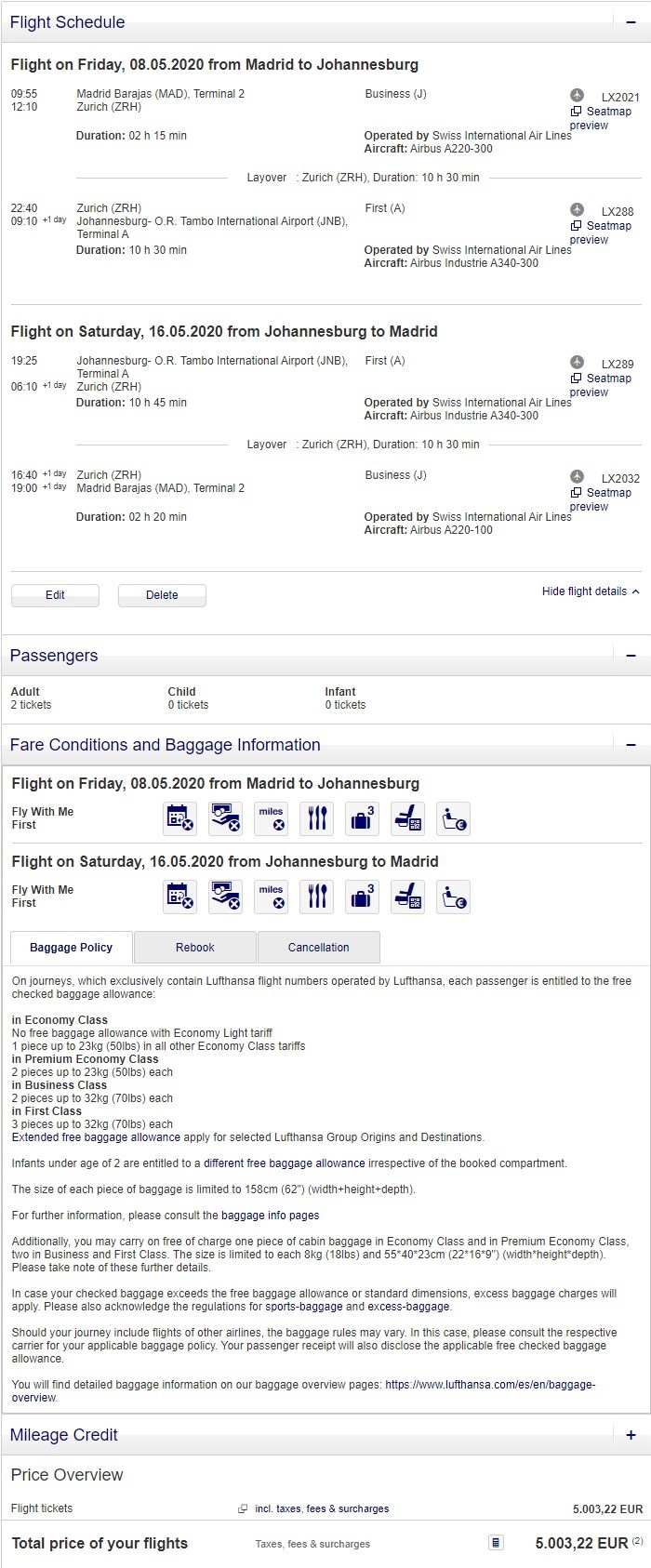 Preisbeispiel für Partnertarif von Madrid nach Johannesburg in der Swiss First-Class