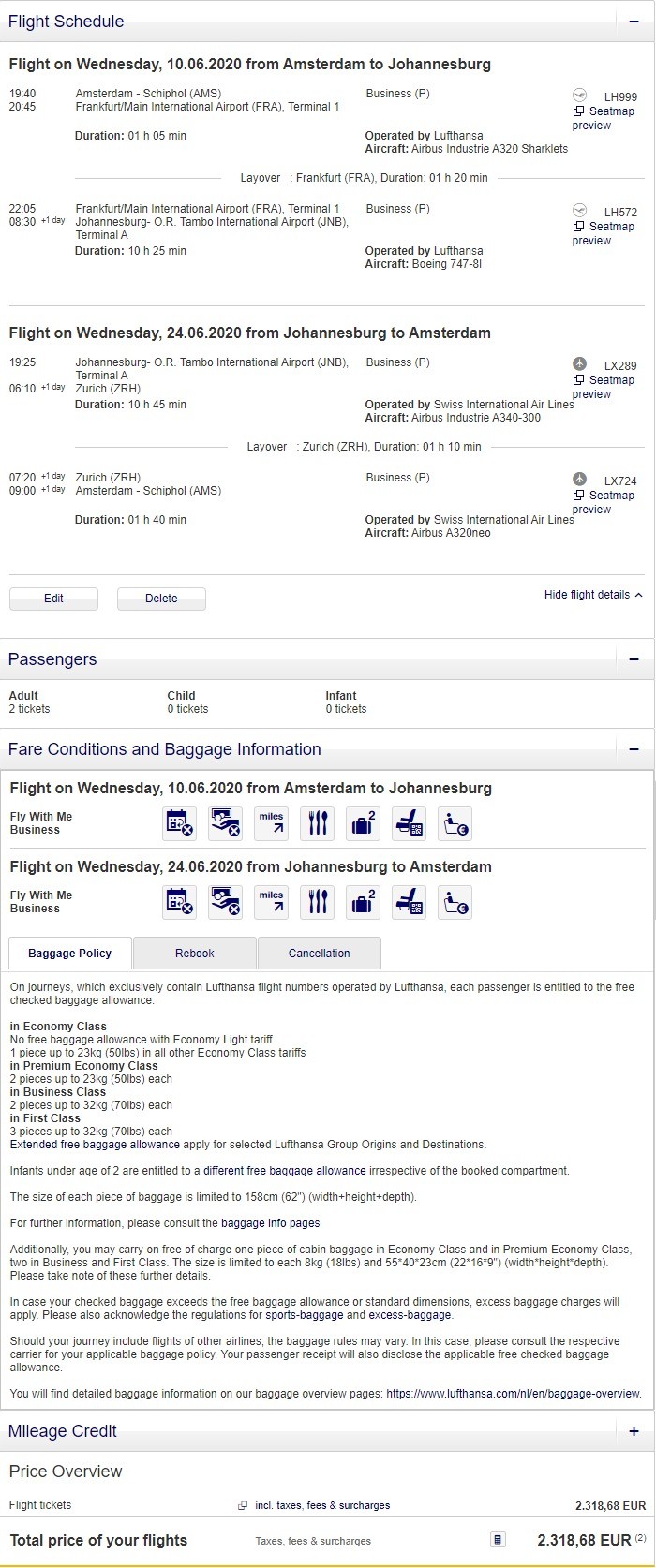 Preisbeispiel für Partnertarif von Amsterdam nach Johannesburg in der Lufthansa und Swiss Business-Class