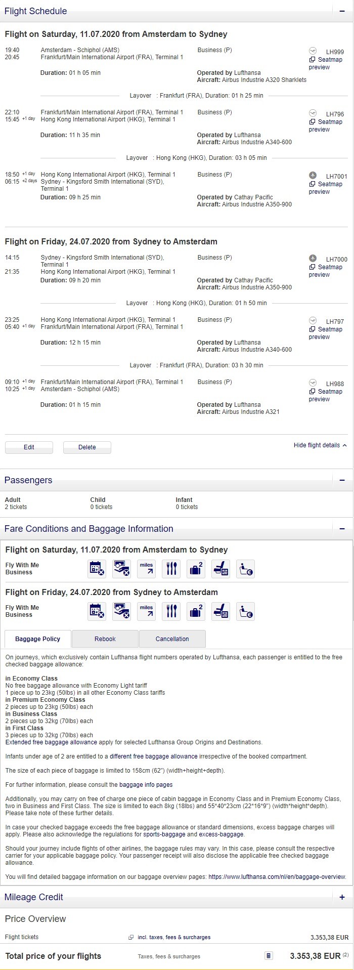 Preisbeispiel für Partnertarif von Amsterdam nach Sydney in der Lufthansa und Cathay Pacific Business-Class