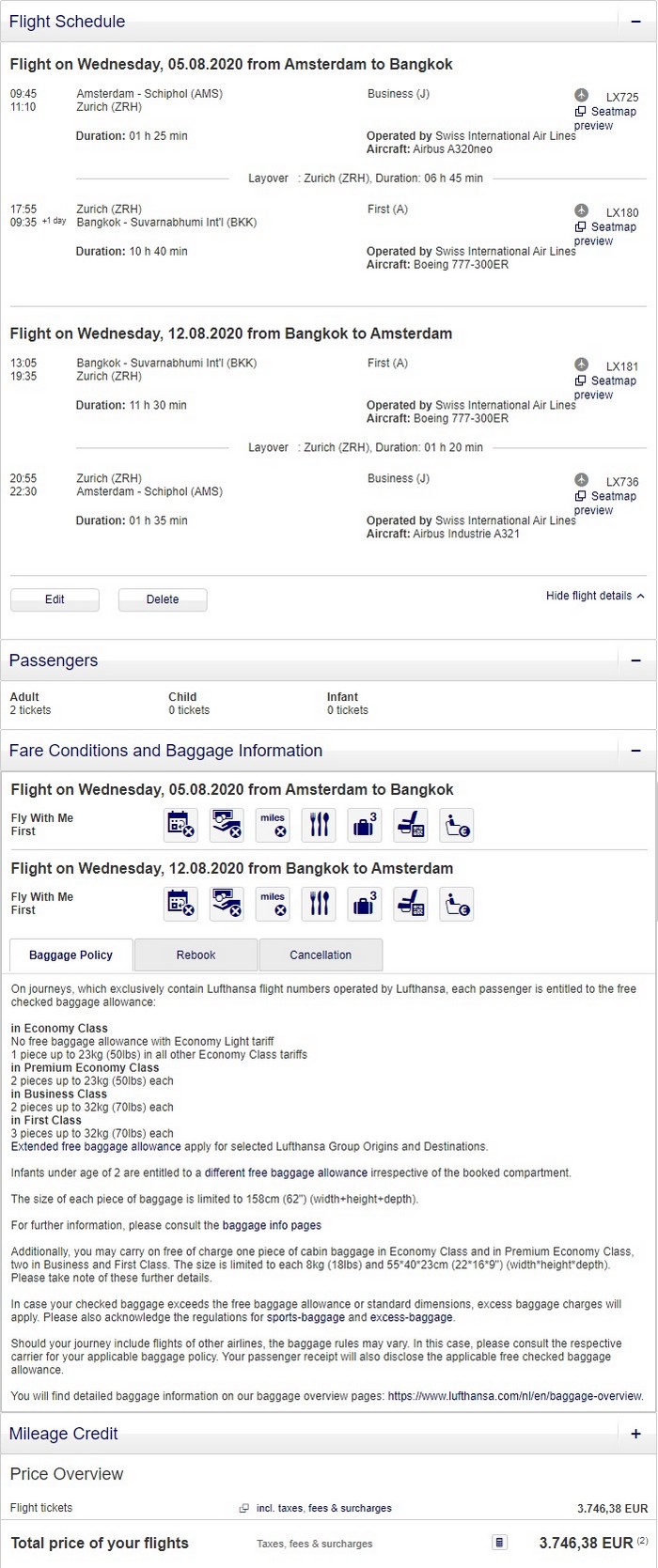 Preisbeispiel für Partnertarif von Amsterdam nach Bangkok in der Swiss First-Class