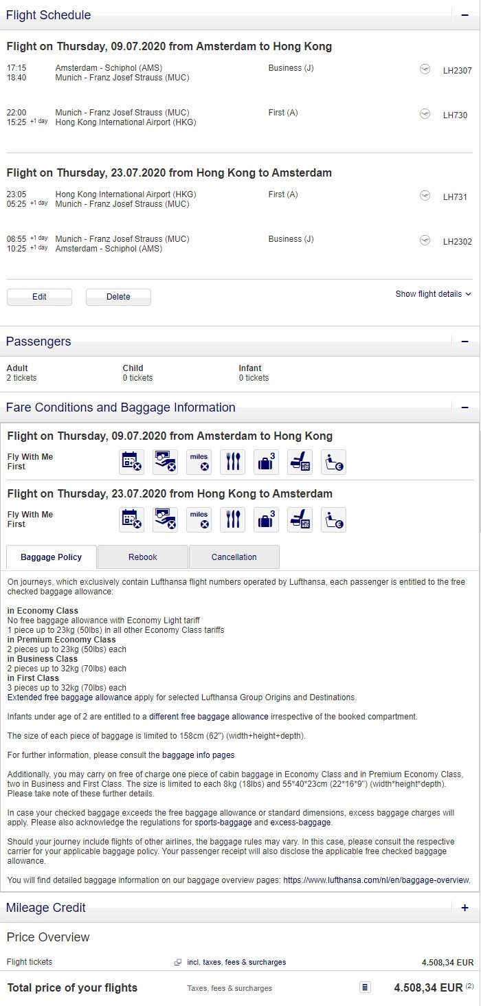 Preisbeispiel für Partnertarif von Amsterdam nach Hong Kong in der Lufthansa First-Class