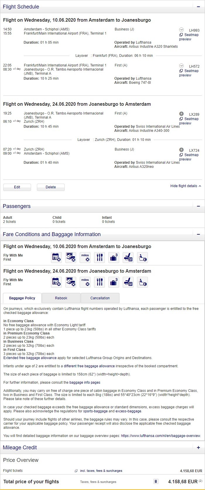 Preisbeispiel für Partnertarif von Amsterdam nach Johannesburg in der Lufthansa und Swiss First-Class