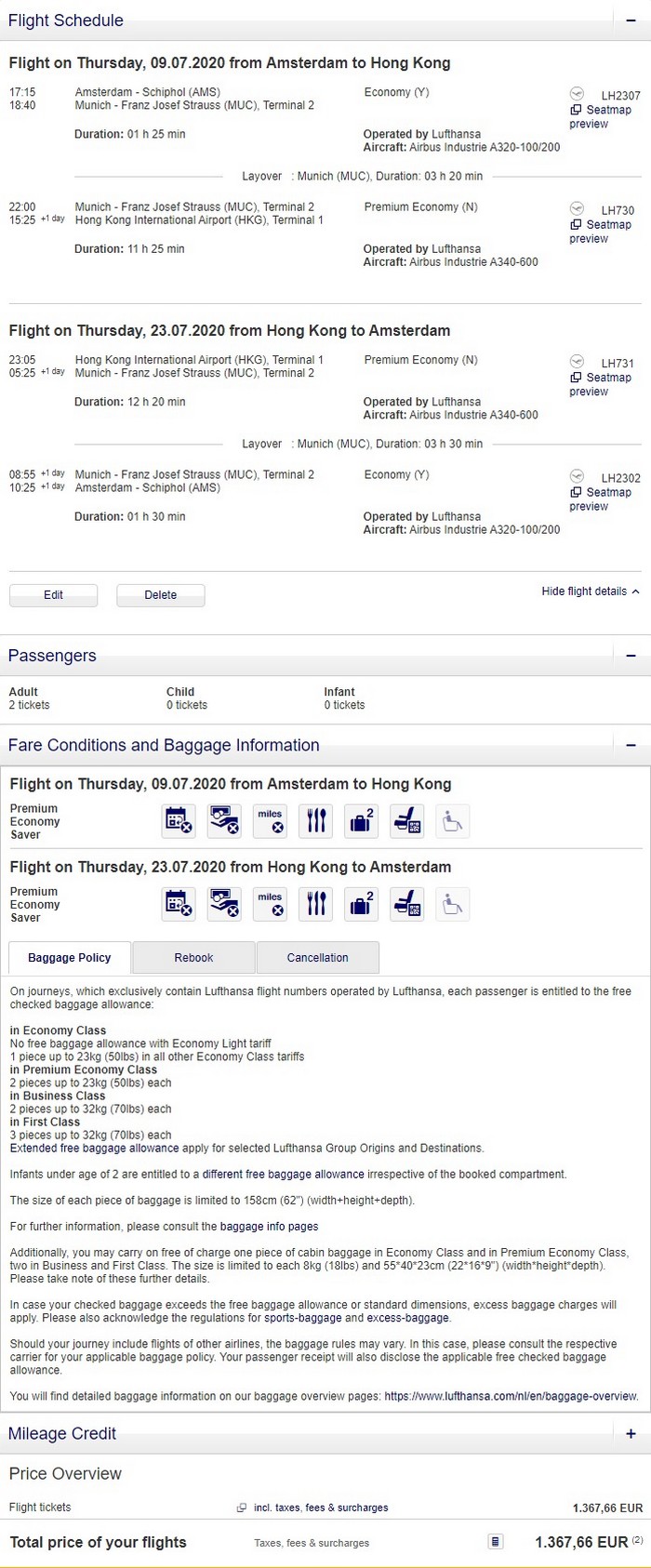 Preisbeispiel für Partnertarif von Amsterdam nach Hong Kong in der Lufthansa Premium-Economy-Class