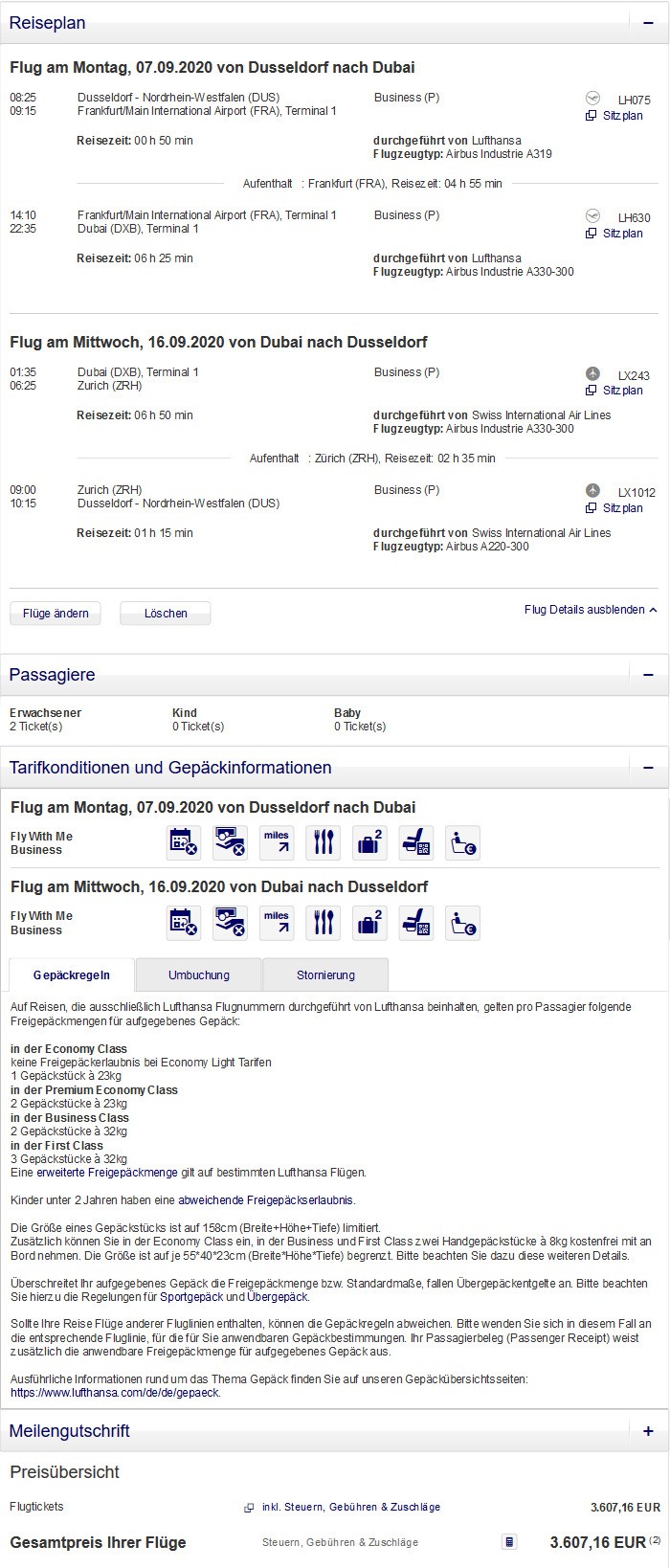 Preisbeispiel für Partnertarif von Düsseldorf nach Bogota in der Lufthansa Business-Class