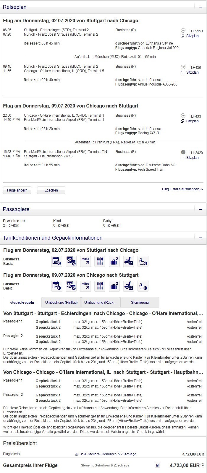 Preisbeispiel für Partnertarif von Stuttgart nach Chicago in der Lufthansa Business-Class