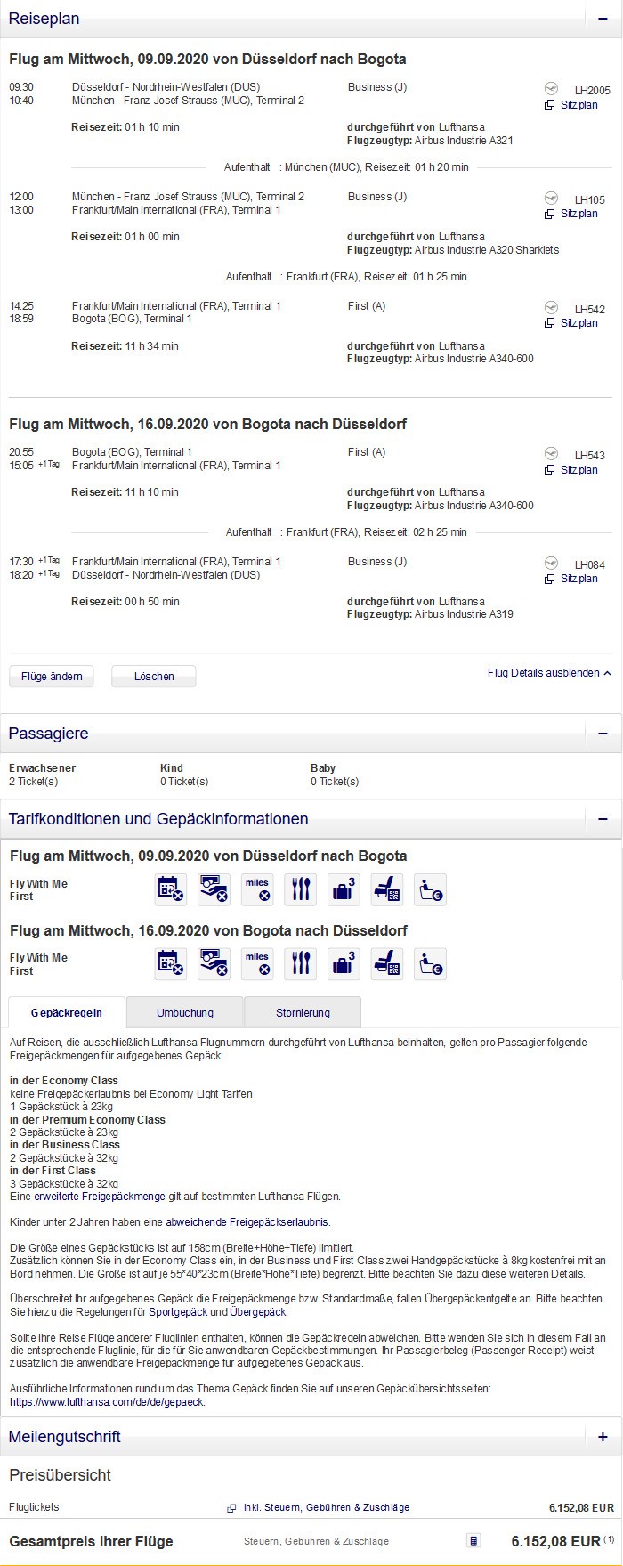 Preisbeispiel für Partnertarif von Düsseldorf nach Bogota in der Lufthansa First-Class