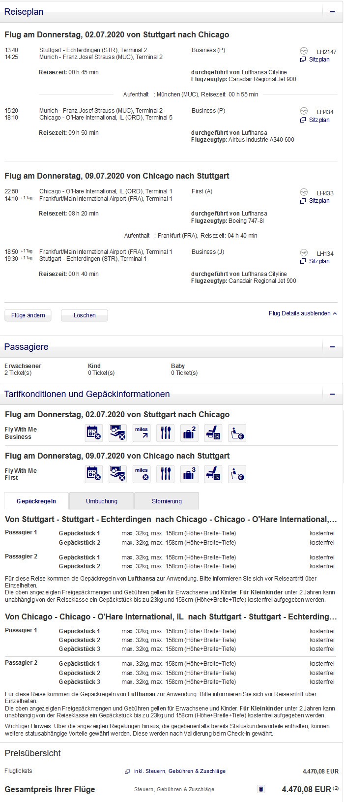 Preisbeispiel für Partnertarif von Stuttgart nach Chicago in der Lufthansa First-Class