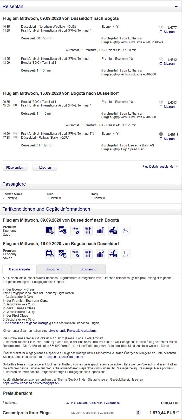 Preisbeispiel für Partnertarif von Düsseldorf nach Bogota in der Lufthansa Premium-Economy-Class