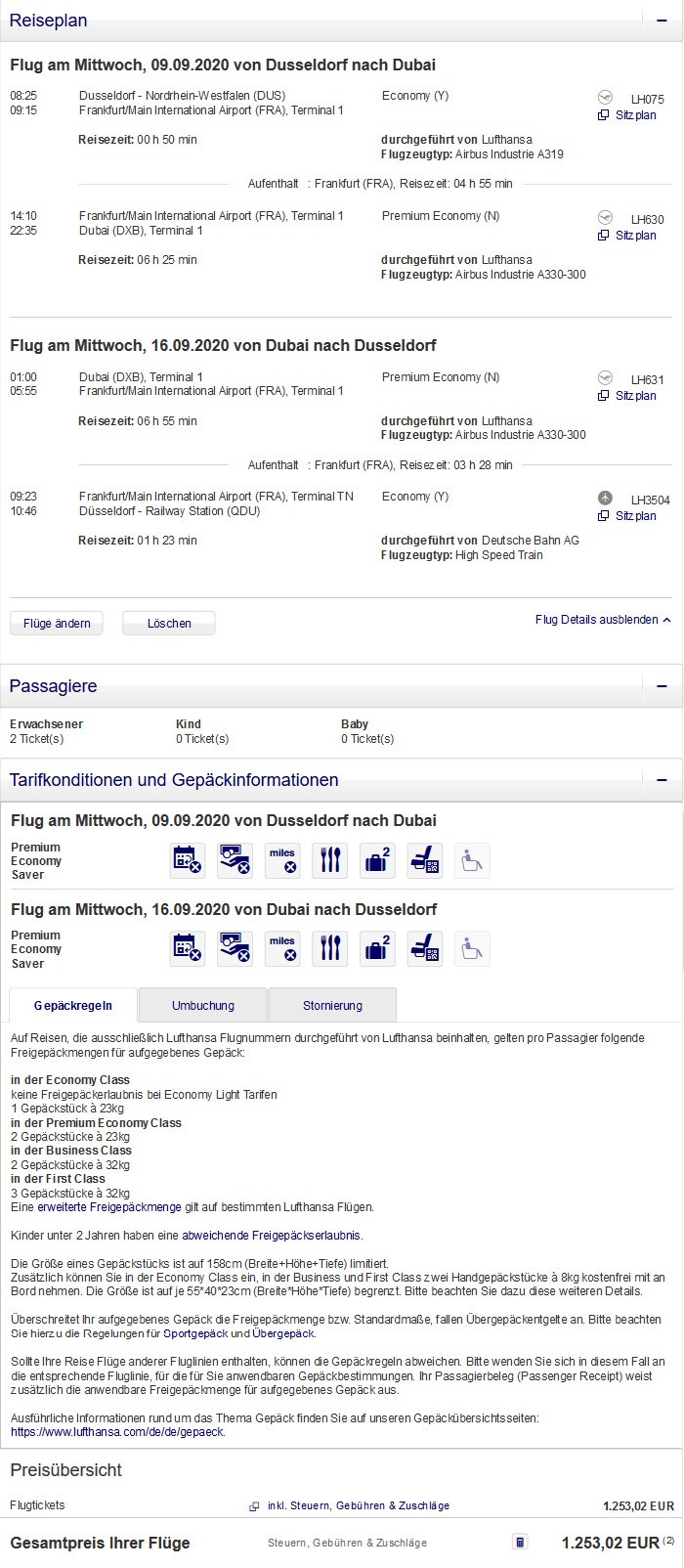 Preisbeispiel für Partnertarif von Düsseldorf nach Dubai in der Lufthansa Premium-Economy-Class