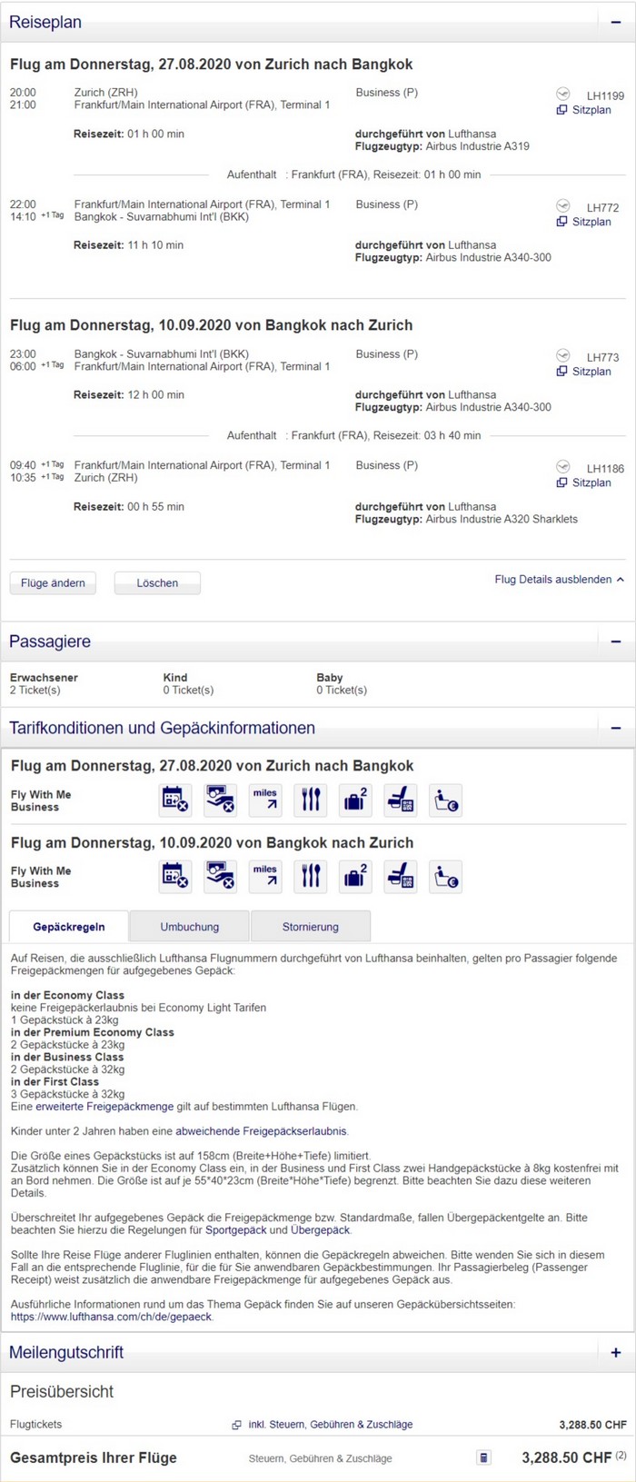 Preisbeispiel für Partnertarif von Zürich nach Bangkok in der Lufthansa Business-Class