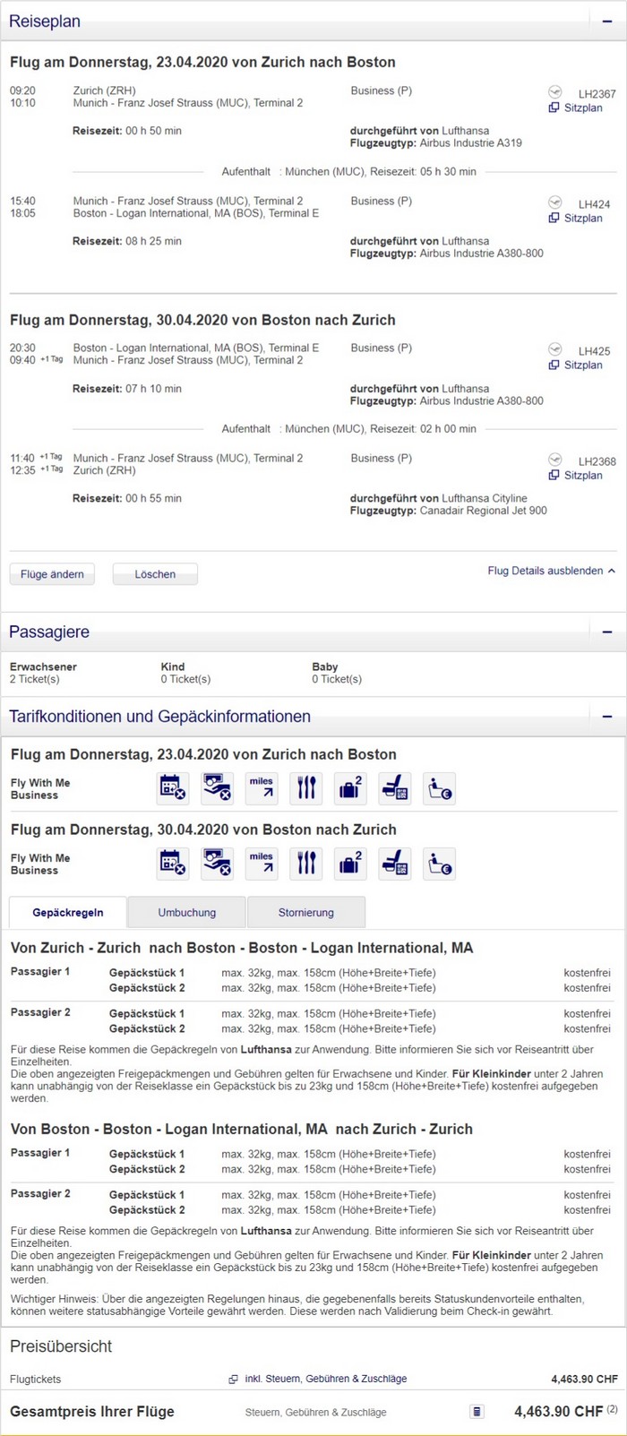 Preisbeispiel für Partnertarif von Zürich nach Boston in der Lufthansa Business-Class