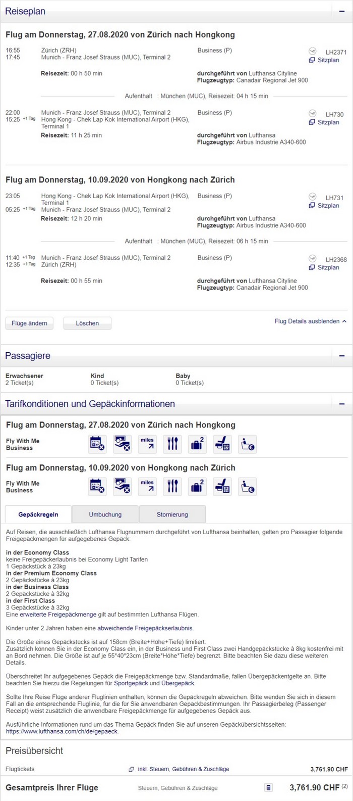 Preisbeispiel für Partnertarif von Zürich nach Hong Kong in der Lufthansa Business-Class