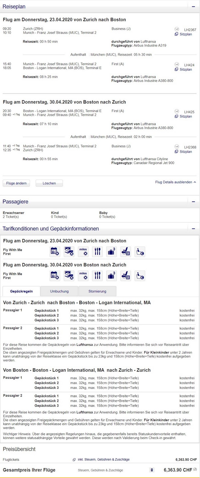 Preisbeispiel für Partnertarif von Zürich nach Boston in der Lufthansa First-Class