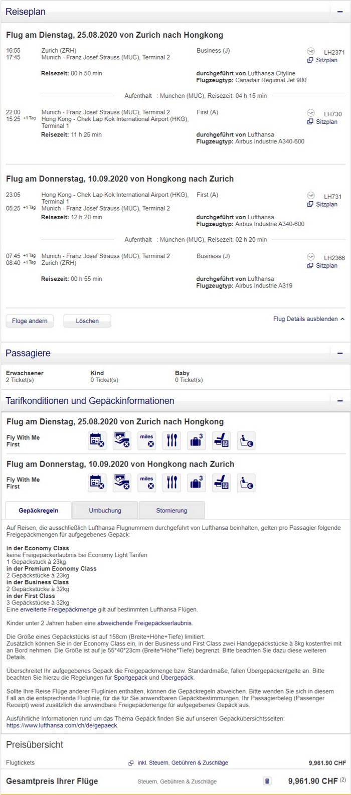 Preisbeispiel für Partnertarif von Zürich nach Hong Kong in der Lufthansa First-Class