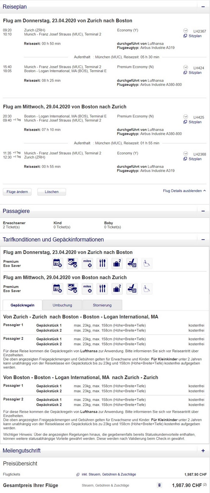 Preisbeispiel für Partnertarif von Zürich nach Boston in der Lufthansa Premium-Economy-Class