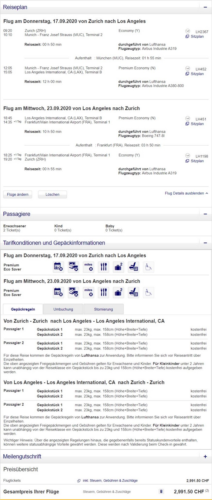 Preisbeispiel für Partnertarif von Zürich nach Los Angeles in der Lufthansa Premium-Economy-Class