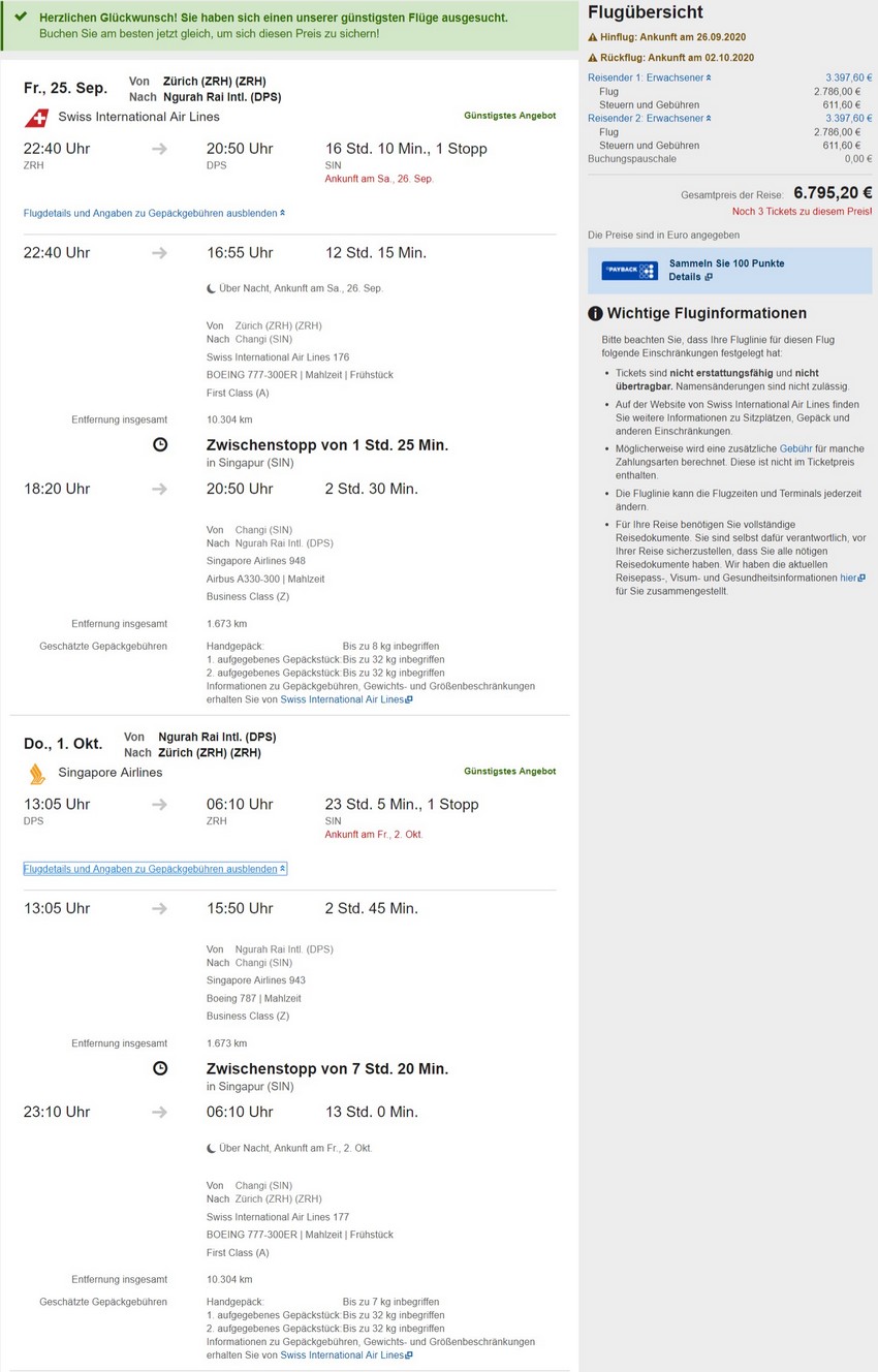 Preisbeispiel für Partnertarif von Zürich nach Denpasar in der Swiss First-Class auf Expedia