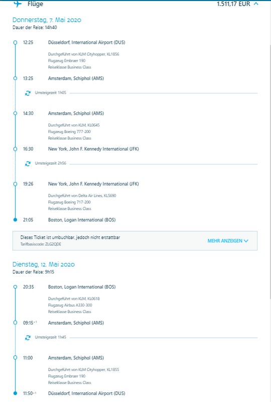 Preisbeispiel von Düsseldorf nach Boston in der KLM Business-Class