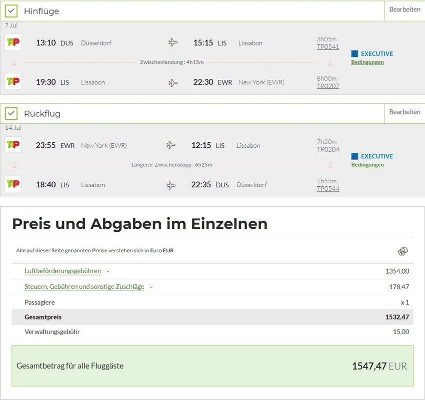 Preisbeispiel von Düsseldorf nach New York in der TAP Air Portugal Business-Class