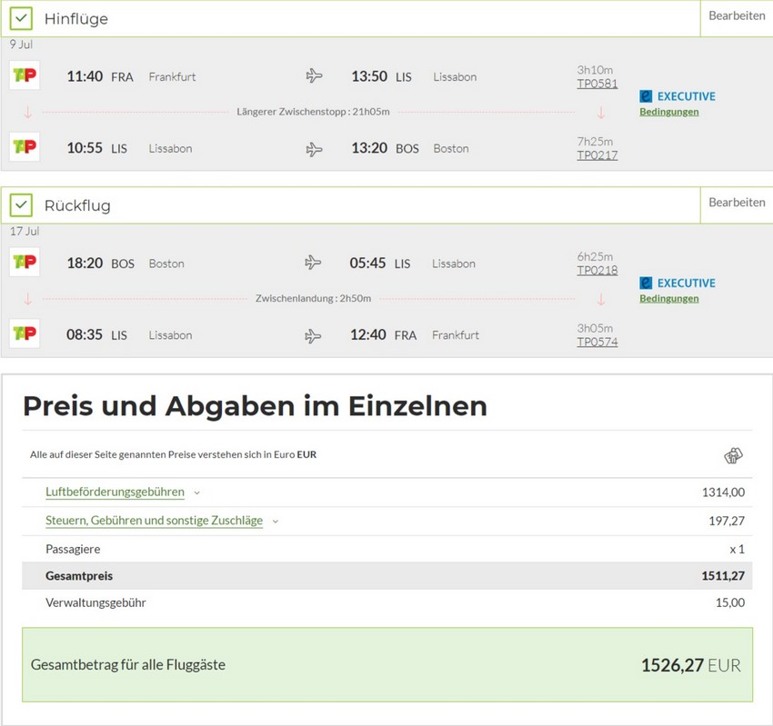 Preisbeispiel von Frankfurt nach Boston in der TAP Air Portugal Business-Class