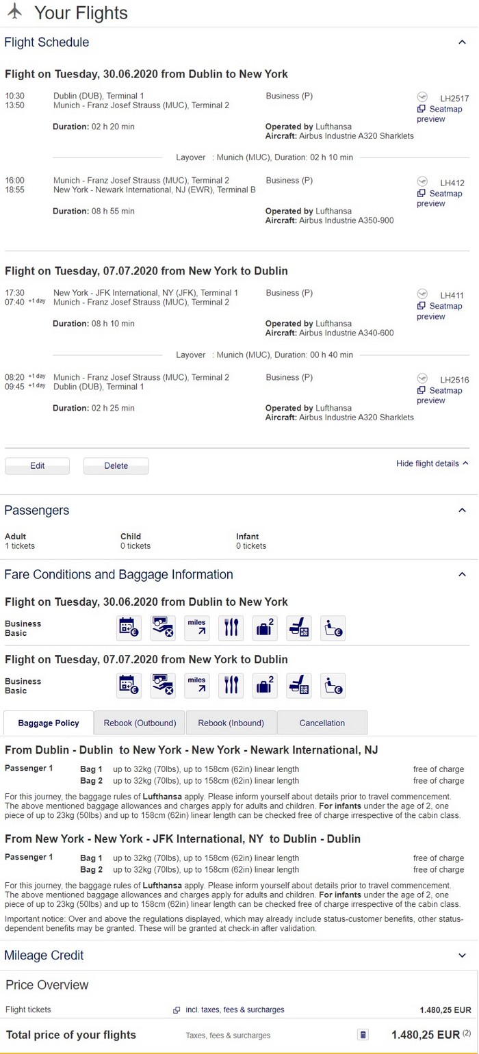 Preisbeispiel von Dublin nach New York in der Lufthansa Business-Class