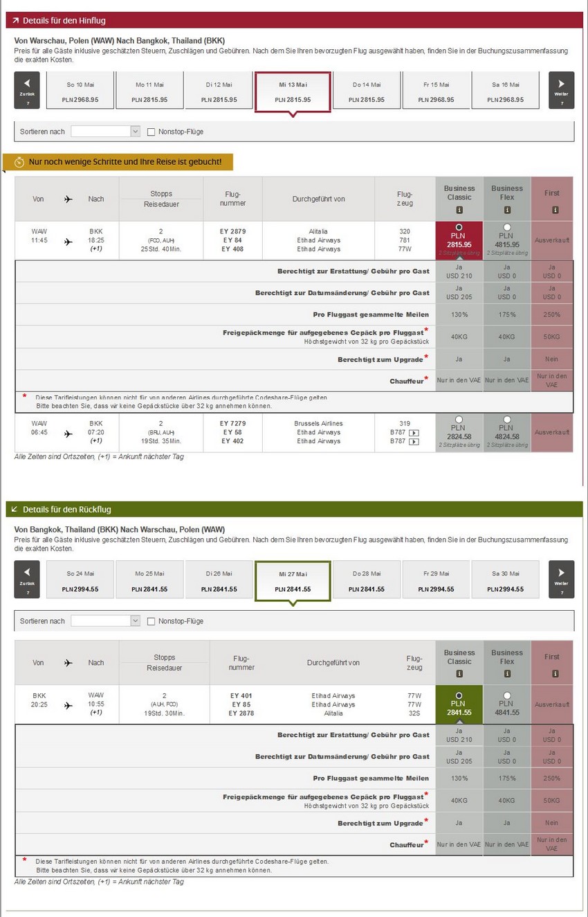 Preisbeispiel von Warschau nach Bangkok in der Etihad Airways Business-Class